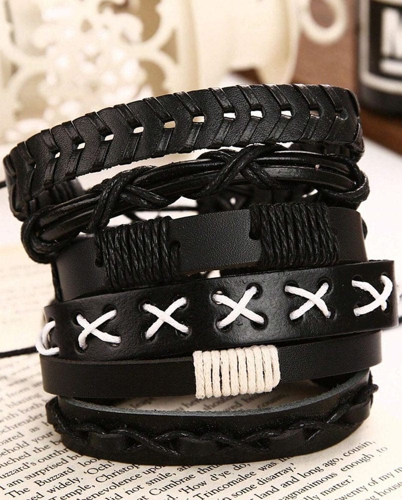 EVOLVE BAND - 6 Pcs Genuine Braided Leather Bracelet Set for Men & Boys (8 inch) - THE MEN THING