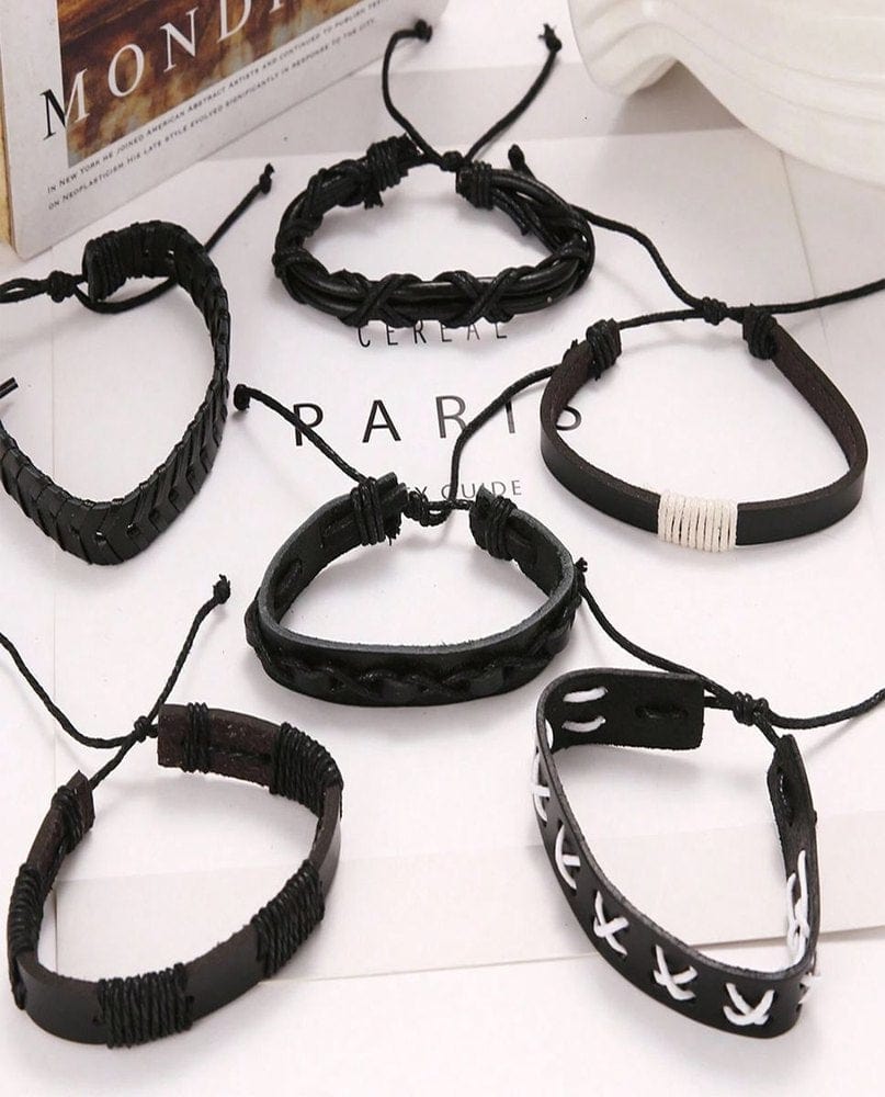 EVOLVE BAND - 6 Pcs Genuine Braided Leather Bracelet Set for Men & Boys (8 inch) - THE MEN THING