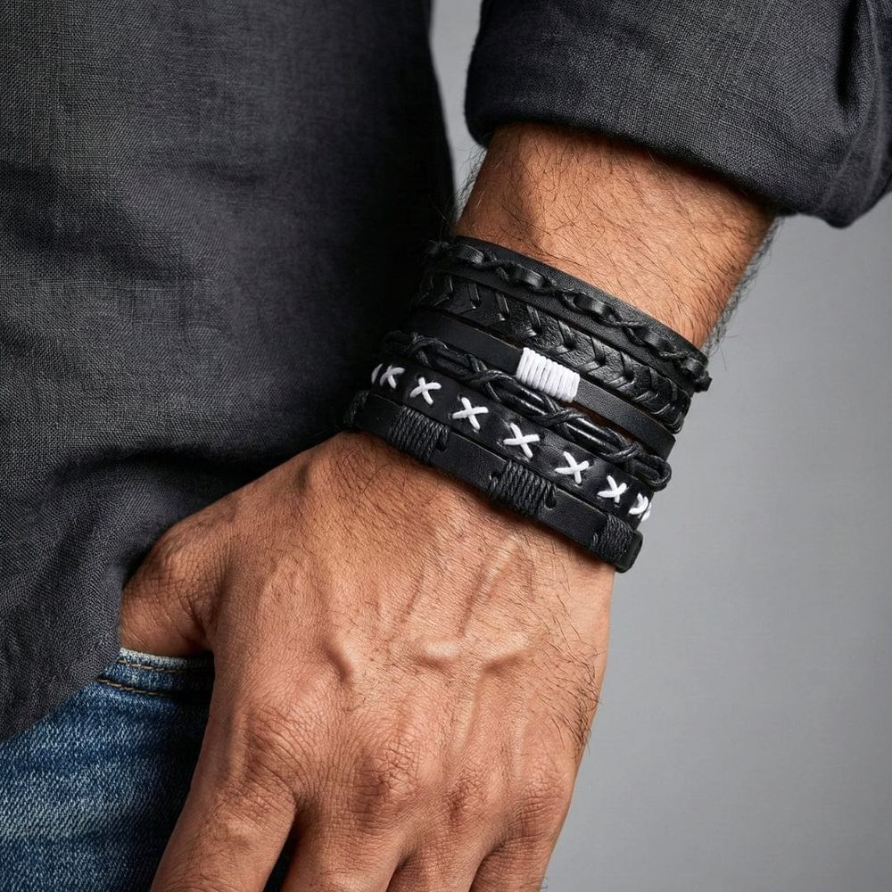EVOLVE BAND - 6 Pcs Genuine Braided Leather Bracelet Set for Men & Boys (8 inch) - THE MEN THING