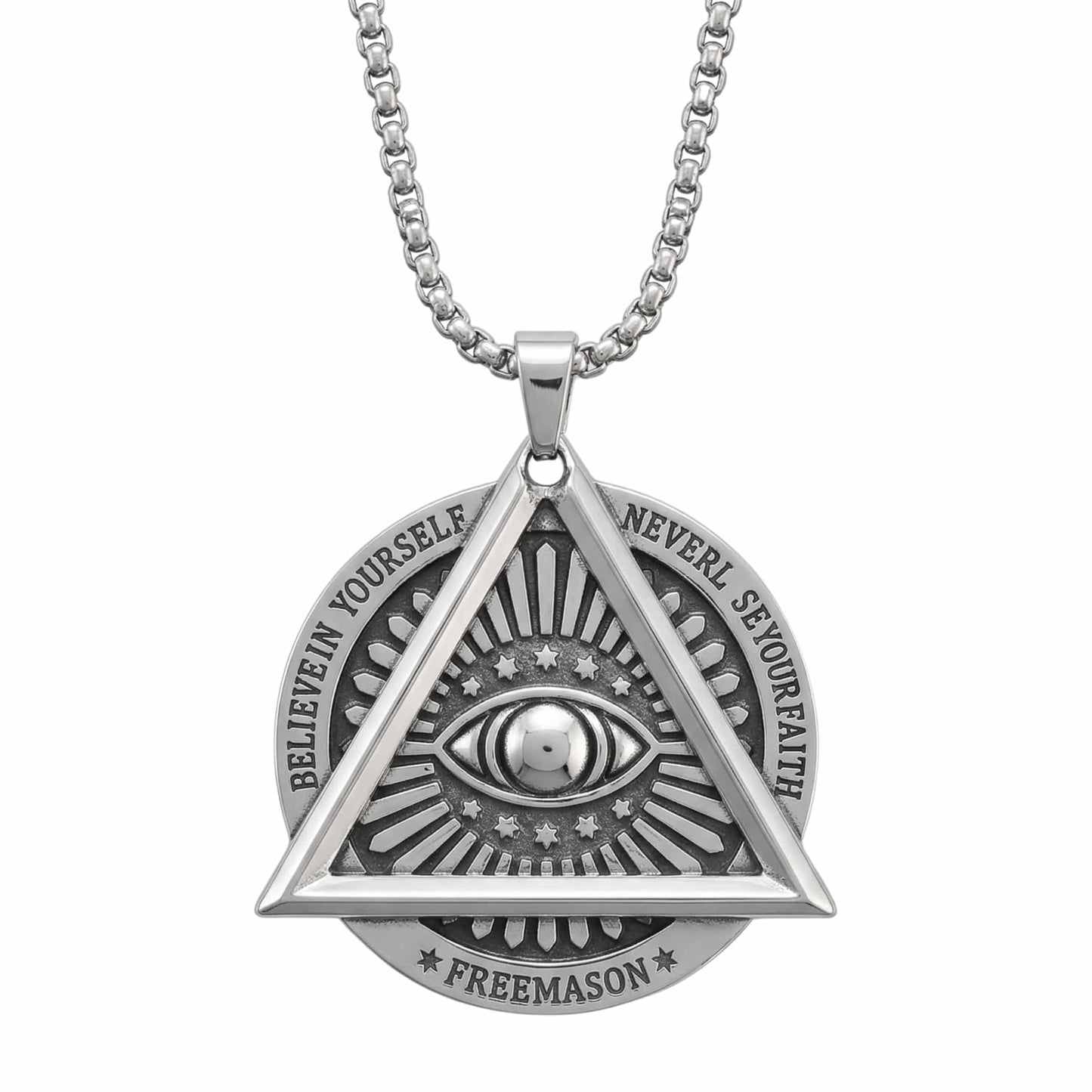 EYE FREEMASON - 39mm Titanium Steel Pendant with 27inch Round Box 4mm Chain for Men & Boys — SS Pendant/ Necklace for Men | THE MEN THING