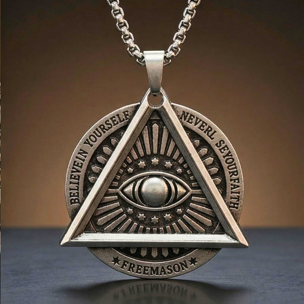 EYE FREEMASON - 39mm Titanium Steel Pendant with 27inch Round Box 4mm Chain for Men & Boys