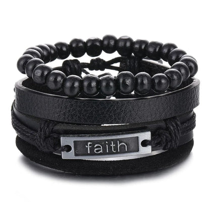 FAITHAURA -  4 Pcs Genuine Braided Leather Bracelet Set for Men & Boys (8 inch) - THE MEN THING