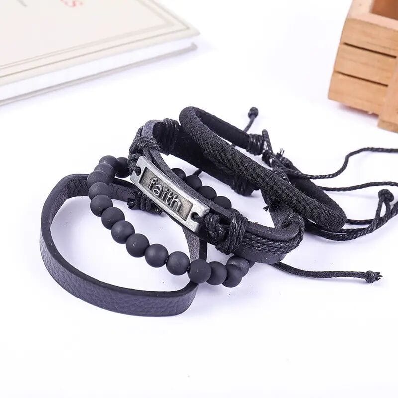 FAITHAURA -  4 Pcs Genuine Braided Leather Bracelet Set for Men & Boys (8 inch) - THE MEN THING
