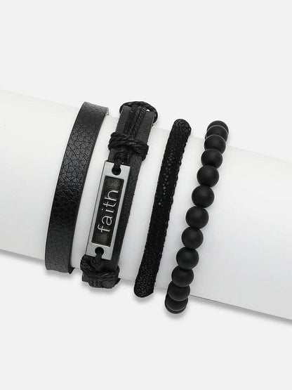 FAITHAURA -  4 Pcs Genuine Braided Leather Bracelet Set for Men & Boys (8 inch) - THE MEN THING