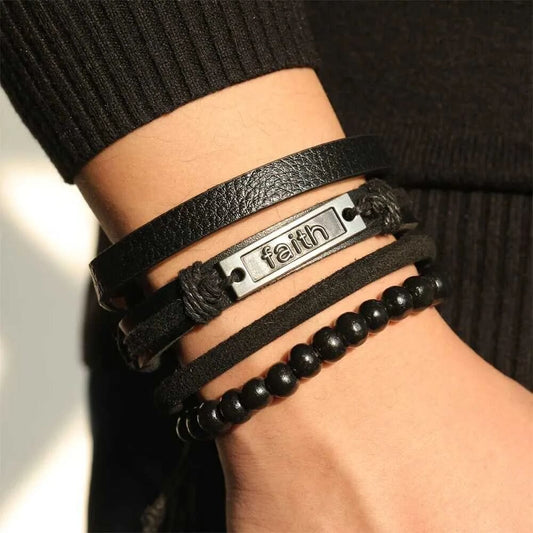 FAITHAURA -  4 Pcs Genuine Braided Leather Bracelet Set for Men & Boys (8 inch) - THE MEN THING