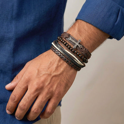 FAITHBOUND CROSS - 4 Pcs Genuine Leather Adjustable Bracelet Set for Men & Boys (8 inch) - THE MEN THING