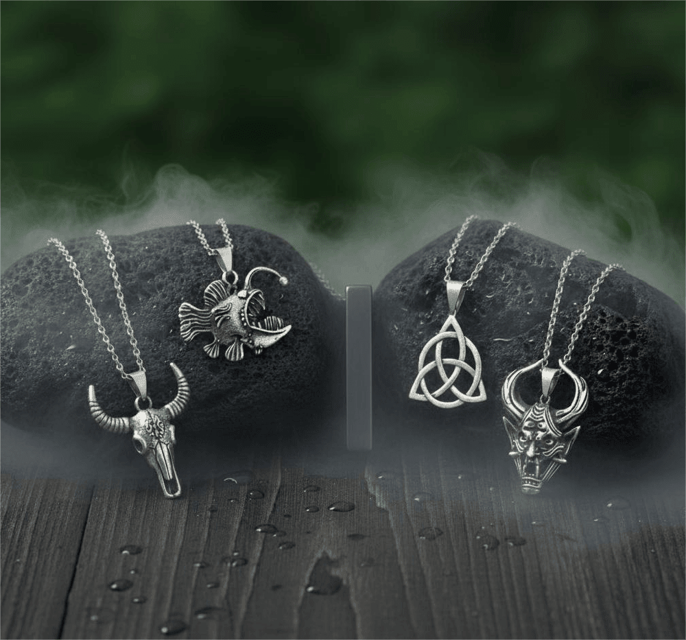 FATE WEAVER Collector's 5-Piece Pendant Set – TRINITY KNOT, DEMON TALISMAN, SHEEP HORN, FURIOUS FISH, & SLEEK BLACK Necklaces on 24 Inch Stainless Steel Chain for Mens and Boys - THE MEN THING