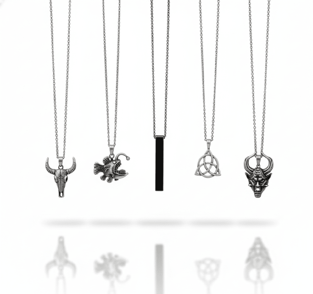FATE WEAVER Collector's 5-Piece Pendant Set – TRINITY KNOT, DEMON TALISMAN, SHEEP HORN, FURIOUS FISH, & SLEEK BLACK Necklaces on 24 Inch Stainless Steel Chain for Mens and Boys - THE MEN THING