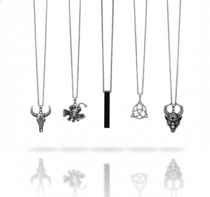 FATE WEAVER Collector's 5-Piece Pendant Set – TRINITY KNOT, DEMON TALISMAN, SHEEP HORN, FURIOUS FISH, & SLEEK BLACK Necklaces on 24 Inch Stainless Steel Chain for Mens and Boys - THE MEN THING
