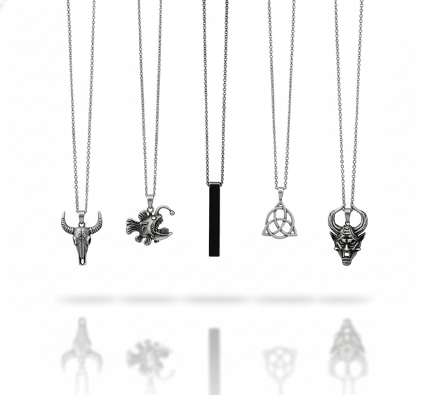 FATE WEAVER Collector's 5-Piece Pendant Set – TRINITY KNOT, DEMON TALISMAN, SHEEP HORN, FURIOUS FISH, & SLEEK BLACK Necklaces on 24 Inch Stainless Steel Chain for Mens and Boys