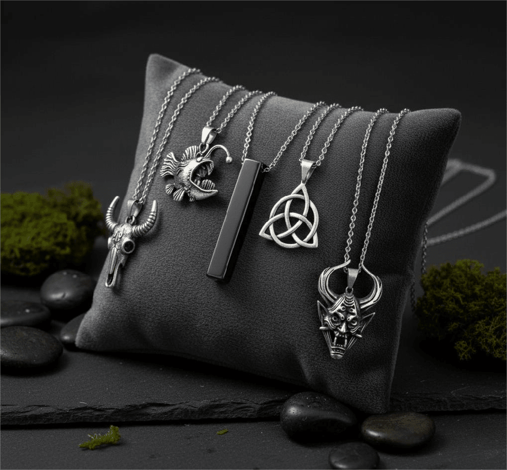 FATE WEAVER Collector's 5-Piece Pendant Set – TRINITY KNOT, DEMON TALISMAN, SHEEP HORN, FURIOUS FISH, & SLEEK BLACK Necklaces on 24 Inch Stainless Steel Chain for Mens and Boys - THE MEN THING