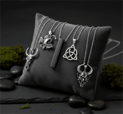 FATE WEAVER Collector's 5-Piece Pendant Set – TRINITY KNOT, DEMON TALISMAN, SHEEP HORN, FURIOUS FISH, & SLEEK BLACK Necklaces on 24 Inch Stainless Steel Chain for Mens and Boys - THE MEN THING