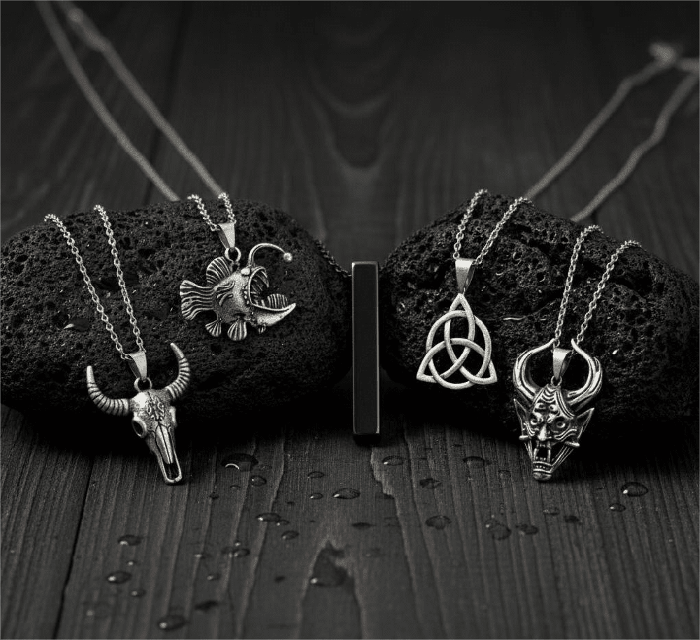 FATE WEAVER Collector's 5-Piece Pendant Set – TRINITY KNOT, DEMON TALISMAN, SHEEP HORN, FURIOUS FISH, & SLEEK BLACK Necklaces on 24 Inch Stainless Steel Chain for Mens and Boys - THE MEN THING