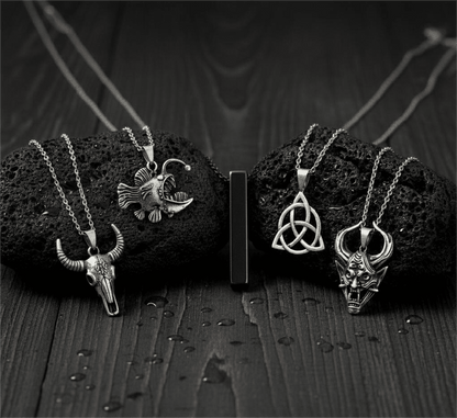 FATE WEAVER Collector's 5-Piece Pendant Set – TRINITY KNOT, DEMON TALISMAN, SHEEP HORN, FURIOUS FISH, & SLEEK BLACK Necklaces on 24 Inch Stainless Steel Chain for Mens and Boys - THE MEN THING