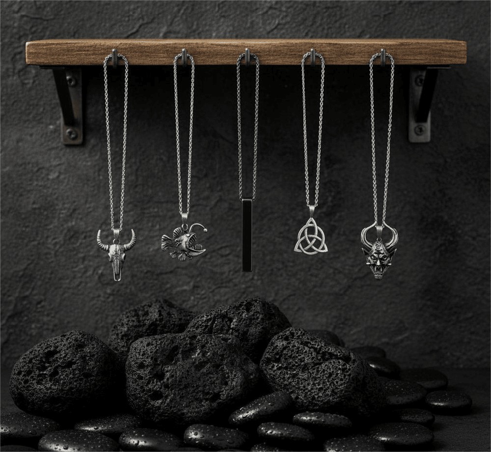 FATE WEAVER Collector's 5-Piece Pendant Set – TRINITY KNOT, DEMON TALISMAN, SHEEP HORN, FURIOUS FISH, & SLEEK BLACK Necklaces on 24 Inch Stainless Steel Chain for Mens and Boys - THE MEN THING