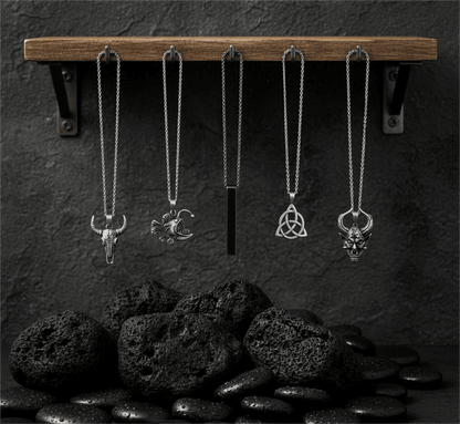 FATE WEAVER Collector's 5-Piece Pendant Set – TRINITY KNOT, DEMON TALISMAN, SHEEP HORN, FURIOUS FISH, & SLEEK BLACK Necklaces on 24 Inch Stainless Steel Chain for Mens and Boys - THE MEN THING