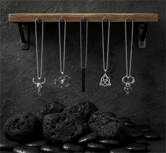FATE WEAVER Collector's 5-Piece Pendant Set – TRINITY KNOT, DEMON TALISMAN, SHEEP HORN, FURIOUS FISH, & SLEEK BLACK Necklaces on 24 Inch Stainless Steel Chain for Mens and Boys - THE MEN THING