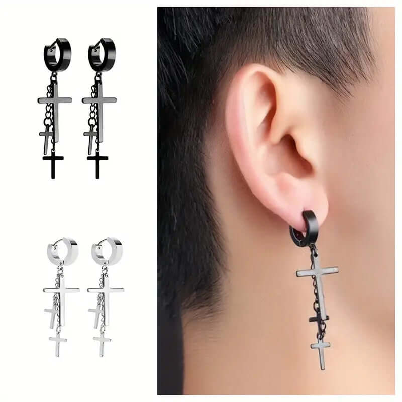 FLARE CROSS BLACK - Titanium Steel Stud Earrings for Men & Boys (2 Pcs) - THE MEN THING