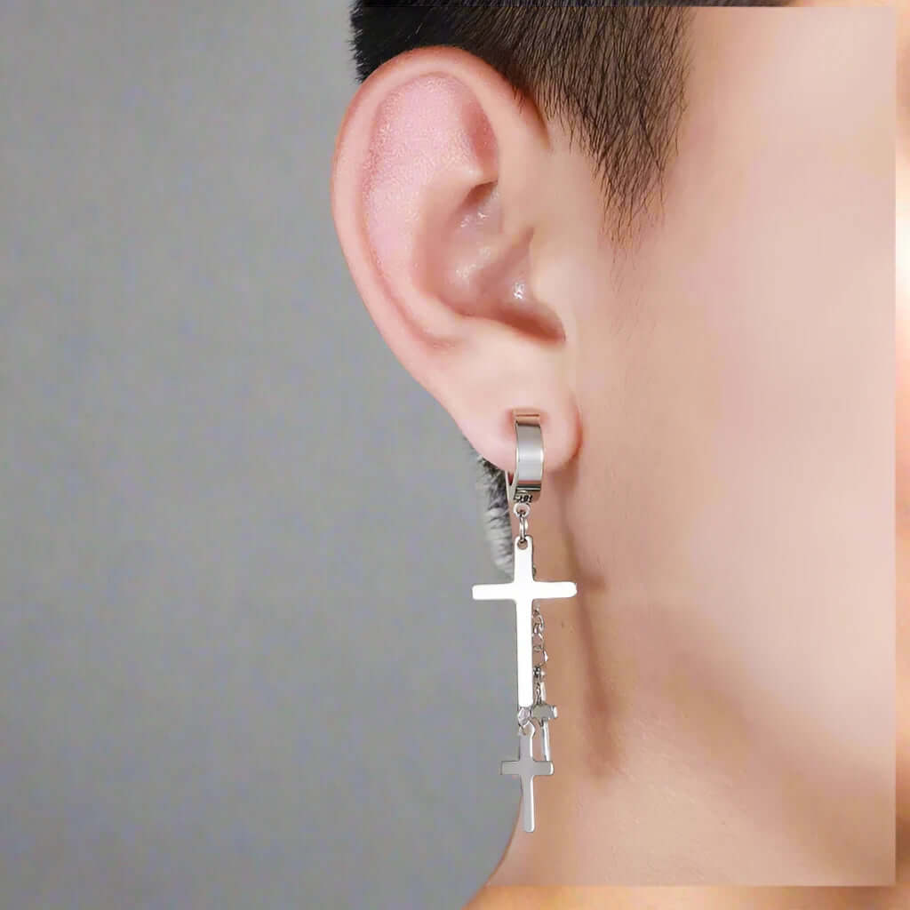 FLARE CROSS SILVER - Titanium Steel Stud Earrings for Men & Boys (2 Pcs) — Nose & Ear Ring for Men | THE MEN THING