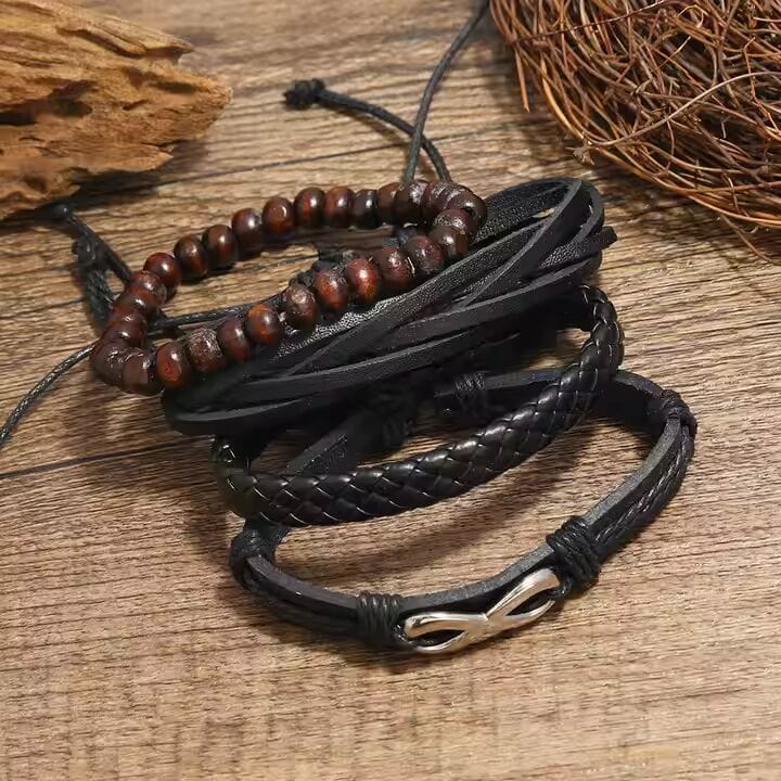FOREVER BOUND - 4 Pcs Genuine Braided Leather Bracelet Set for Men & Boys (8 inch) - THE MEN THING