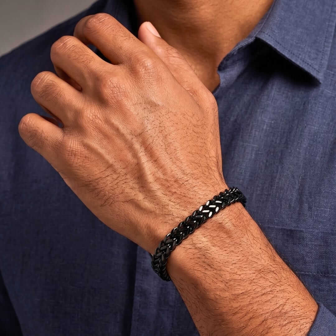 FOXTAIL - BLACK - 9mm Pure Titanium Steel Thick Bracelet, European Style - Antique Ion Plating with Lobster Claw Buckle for Men & Boys (8 inch) — Steel Bracelets for Men | THE MEN THING