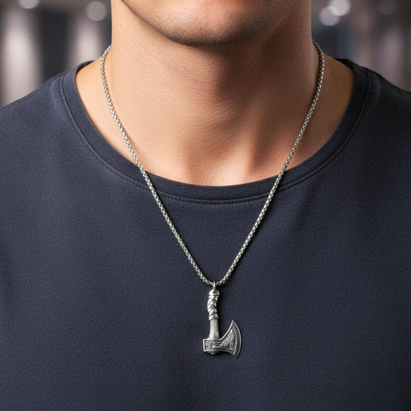 FOXY AXE  (T) - Pure Titanium Steel Pendant with Stainless Steel 24inch Round Box Chain, European trending Style for Men & Boy