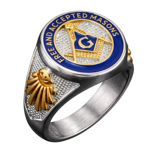 FREEMASONRY - Pure Titanium Rings For Men, Luxury Style, Blue Gold Tone (Size : 21-25) - THE MEN THING