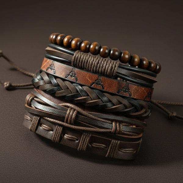 FRONTIER BULL - 6 Pcs Genuine Leather Adjustable Bracelet Set for Men & Boys (8 inch)