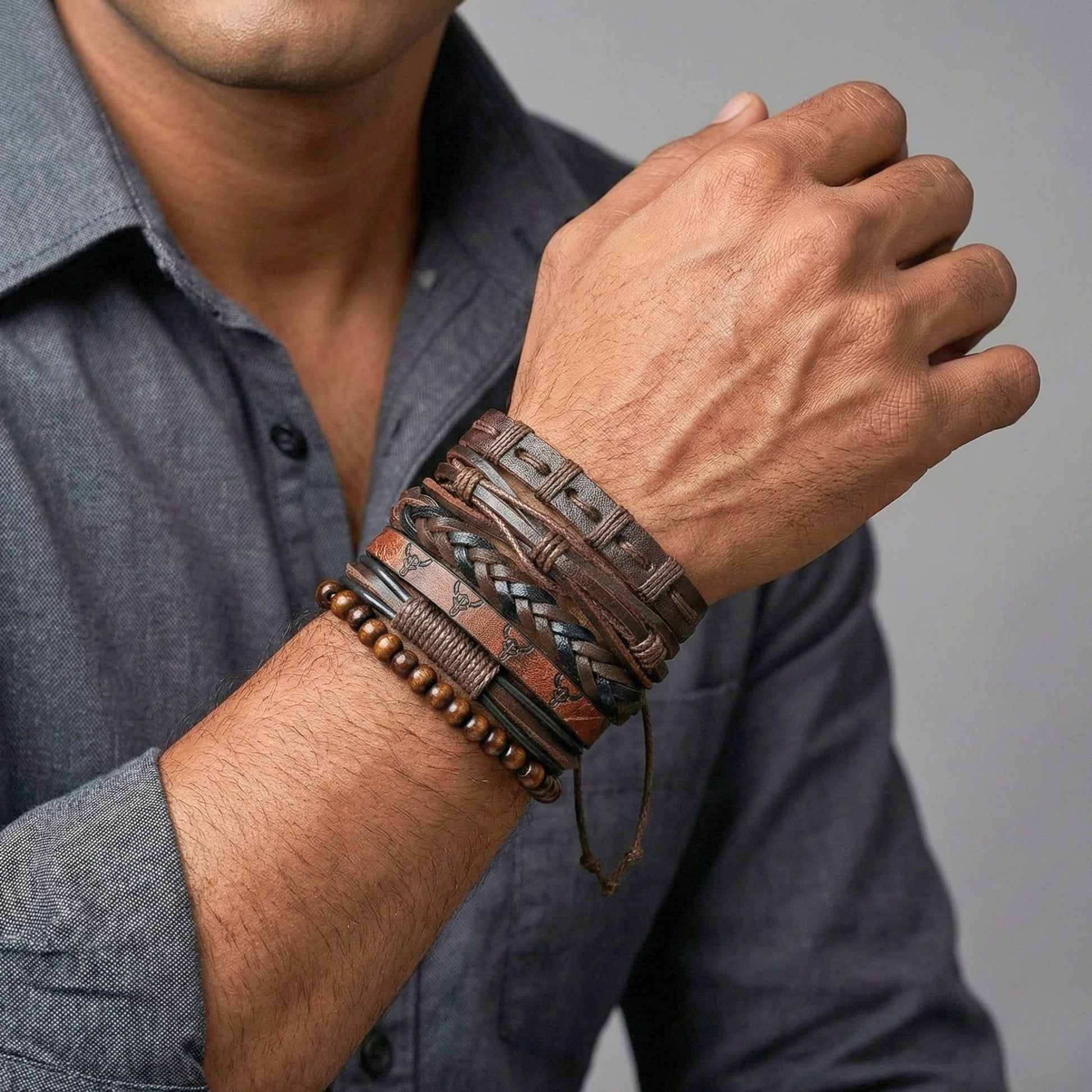 FRONTIER BULL - 6 Pcs Genuine Leather Adjustable Bracelet Set for Men & Boys (8 inch) - THE MEN THING