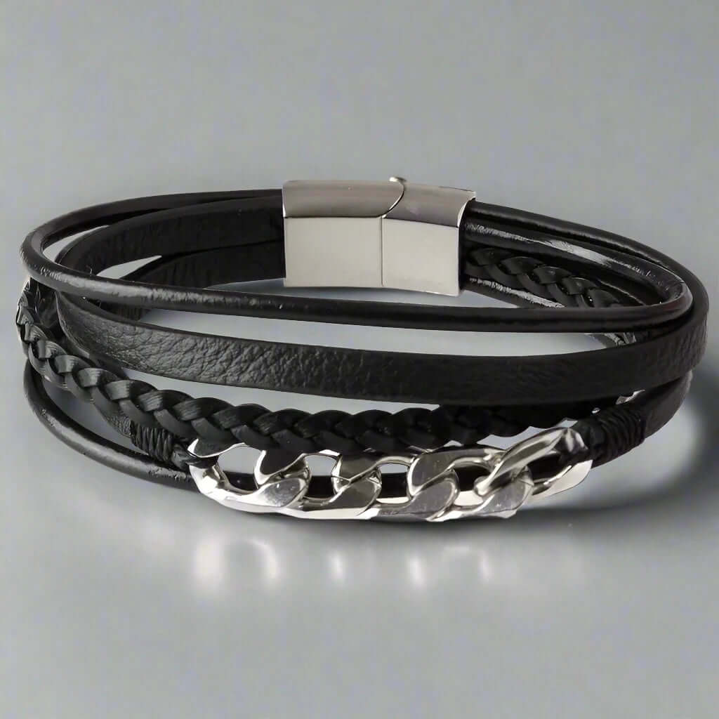 FUSION MINGLE BLACK -  Leather with Stainless Steel Bracelet with 100% Stainless Steel Magnetic Buckle for Men & Boys (8 inch) - THE MEN THING