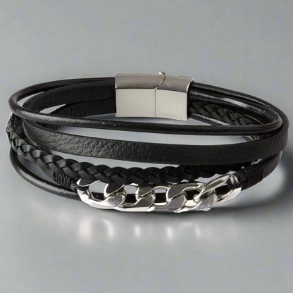 FUSION MINGLE BLACK -  Leather with Stainless Steel Bracelet with 100% Stainless Steel Magnetic Buckle for Men & Boys (8 inch) - THE MEN THING