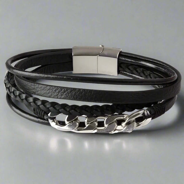 FUSION MINGLE BLACK -  Leather with Stainless Steel Bracelet with 100% Stainless Steel Magnetic Buckle for Men & Boys (8 inch)