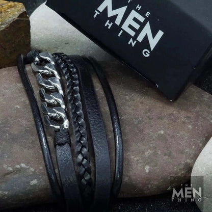 FUSION MINGLE BLACK -  Leather with Stainless Steel Bracelet with 100% Stainless Steel Magnetic Buckle for Men & Boys (8 inch) - THE MEN THING