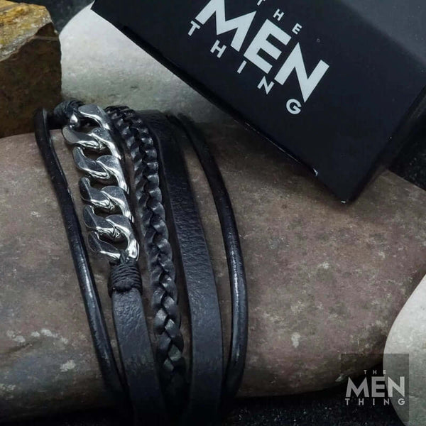 FUSION MINGLE BLACK -  Leather with Stainless Steel Bracelet with 100% Stainless Steel Magnetic Buckle for Men & Boys (8 inch)