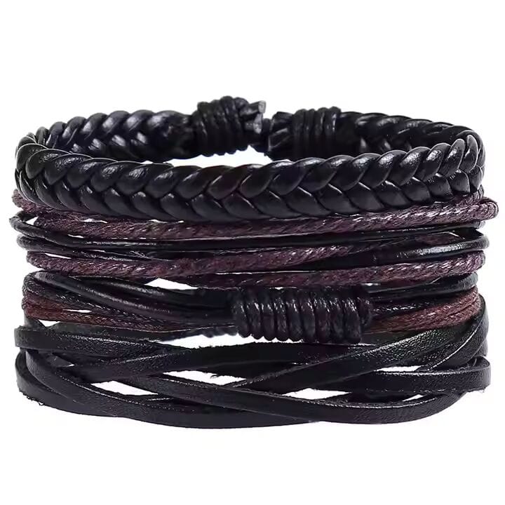 GLADIATOR BAND  - 4 Pcs Genuine Braided Leather Bracelet Set for Men & Boys (8 inch) - THE MEN THING