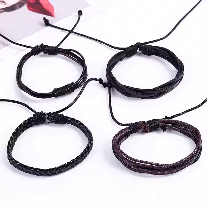GLADIATOR BAND  - 4 Pcs Genuine Braided Leather Bracelet Set for Men & Boys (8 inch) - THE MEN THING