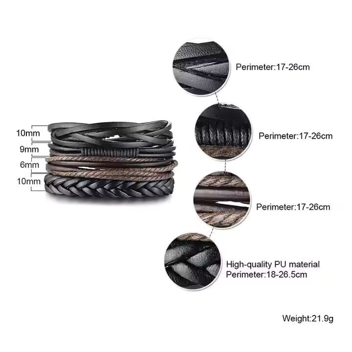 GLADIATOR BAND  - 4 Pcs Genuine Braided Leather Bracelet Set for Men & Boys (8 inch) - THE MEN THING