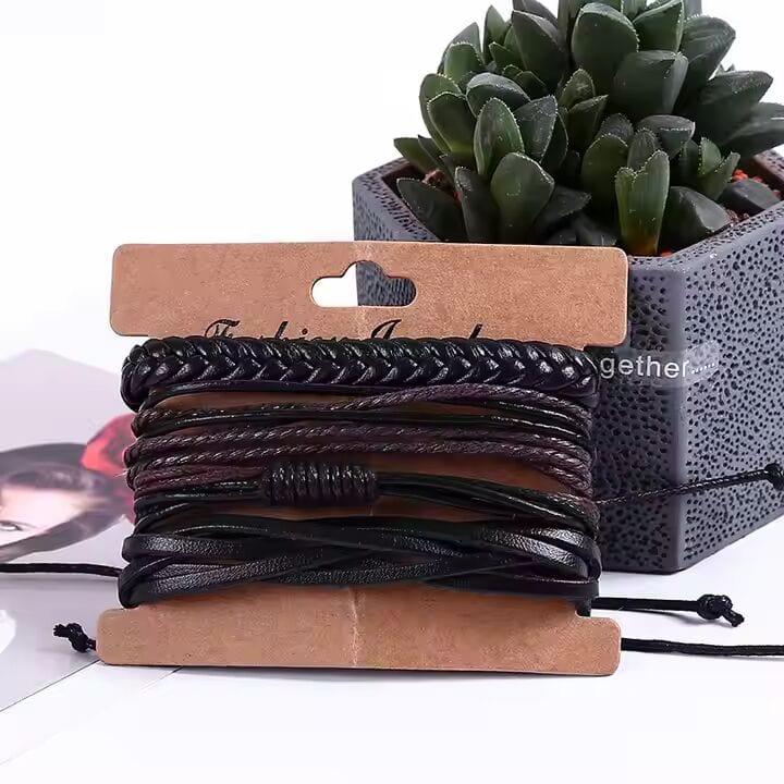 GLADIATOR BAND  - 4 Pcs Genuine Braided Leather Bracelet Set for Men & Boys (8 inch) - THE MEN THING