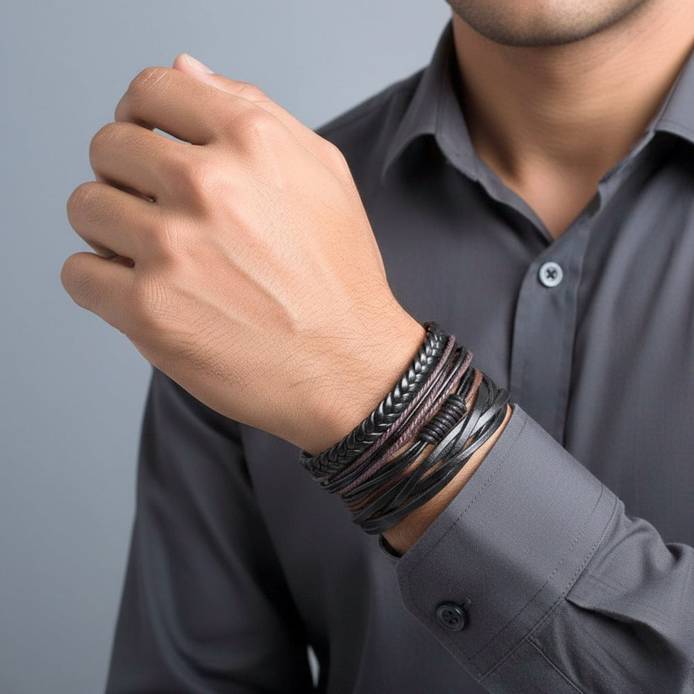 GLADIATOR BAND  - 4 Pcs Genuine Braided Leather Bracelet Set for Men & Boys (8 inch) - THE MEN THING