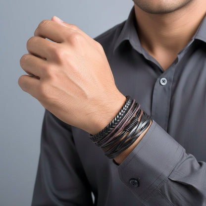 GLADIATOR BAND  - 4 Pcs Genuine Braided Leather Bracelet Set for Men & Boys (8 inch) - THE MEN THING