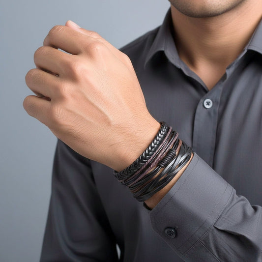 GLADIATOR BAND  - 4 Pcs Genuine Braided Leather Bracelet Set for Men & Boys (8 inch) - THE MEN THING