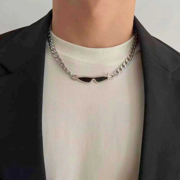 GOGGLES - 10mm Titanium Steel Pendant with 17 to 19inch Adjustable Curb 5mm Chain for Men & Boys