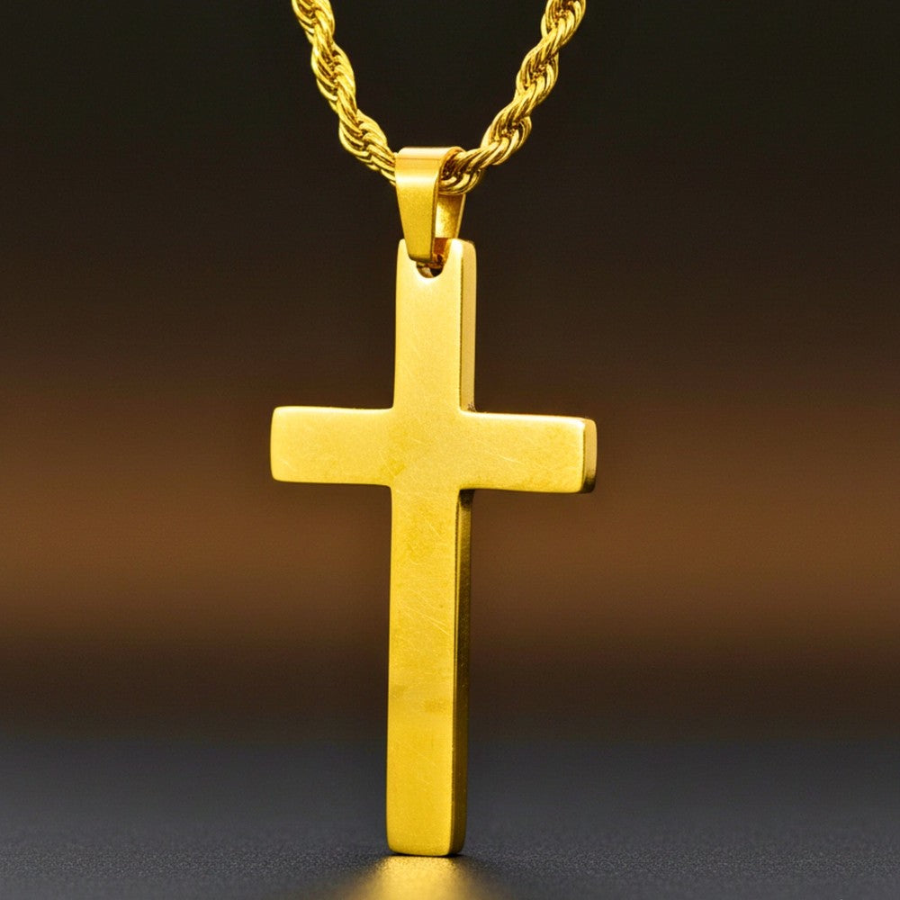 GOLDEN AURUM CROSS - 26mm Titanium Steel Pendant with 23inch Twisted Rope 4mm Chain for Men & Boys - THE MEN THING