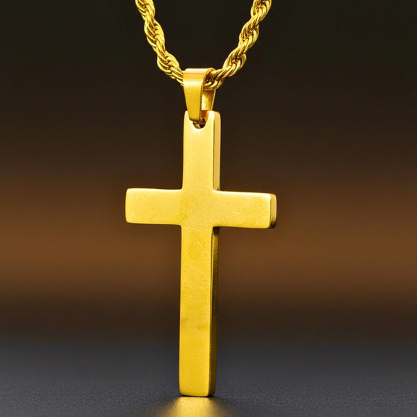 GOLDEN AURUM CROSS - 26mm Titanium Steel Pendant with 23inch Twisted Rope 4mm Chain for Men & Boys