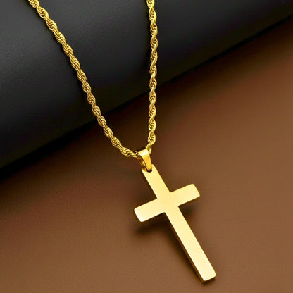 GOLDEN AURUM CROSS - 26mm Titanium Steel Pendant with 23inch Twisted Rope 4mm Chain for Men & Boys - THE MEN THING