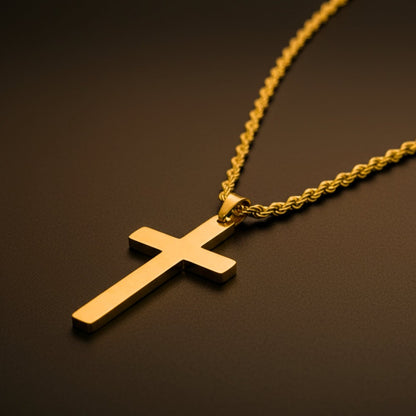 GOLDEN AURUM CROSS - 26mm Titanium Steel Pendant with 23inch Twisted Rope 4mm Chain for Men & Boys - THE MEN THING