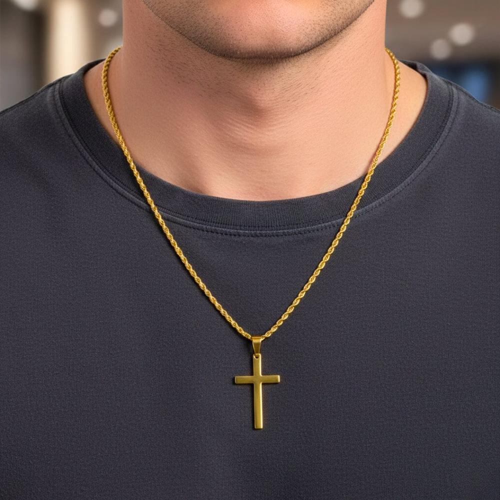 GOLDEN AURUM CROSS - 26mm Titanium Steel Pendant with 23inch Twisted Rope 4mm Chain for Men & Boys - THE MEN THING