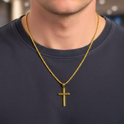 GOLDEN AURUM CROSS - 26mm Titanium Steel Pendant with 23inch Twisted Rope 4mm Chain for Men & Boys - THE MEN THING