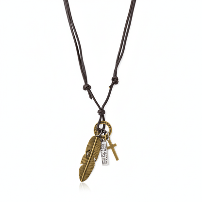 GOLDEN FEATHER OF FAITH – 2-Inch Pure Stainless Steel Pendant with Adjustable Leather Rope for Men & Boys - THE MEN THING