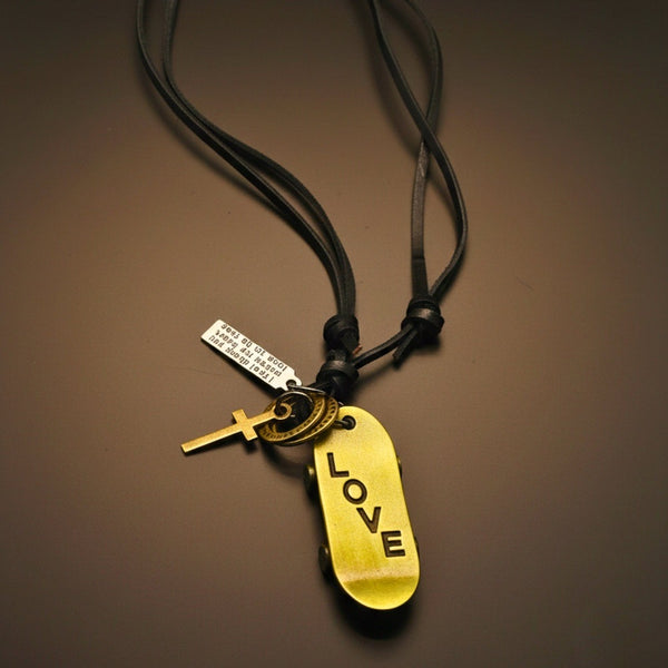 GOLDEN SKATE LOVE – 2-Inch Pure Stainless Steel Pendant with Adjustable Leather Rope for Men & Boys